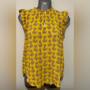 Loft Yellow Peony Ruffle Split Neck Top Ann Taylor XS